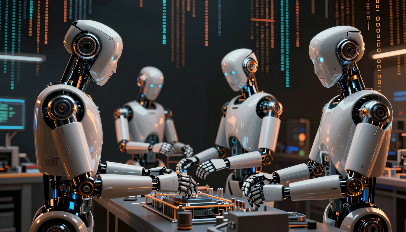 Человекоподобные роботы Figure AI и Schaeffler на складе, выполняют физический труд, погрузочные работы. AI-системы, робототехника, автоматизация.
