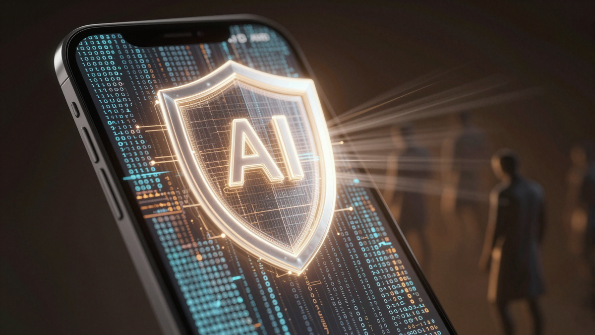 Иконка приложения Google Phone на экране смартфона с уведомлением о мошенническом звонке. Защита от AI, клонирование голоса, подмена номера.