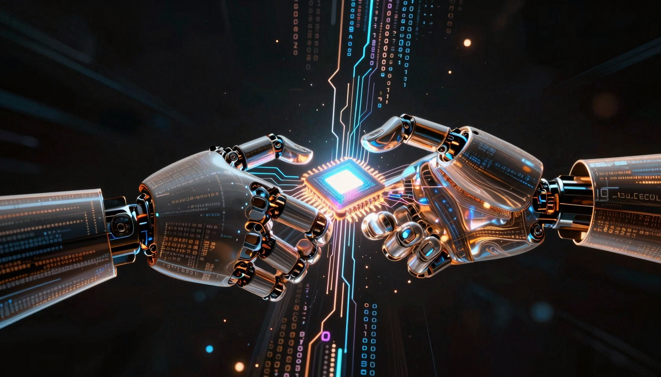 Логотипы Apple и OpenAI на фоне концепта AI-устройства и микросхем