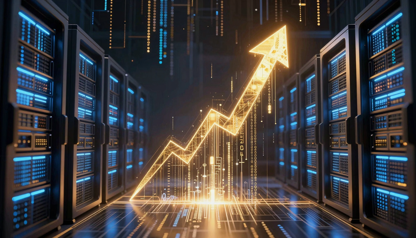 График доходов Google Alphabet и логотип нейросети Gemini AI на фоне дата-центра