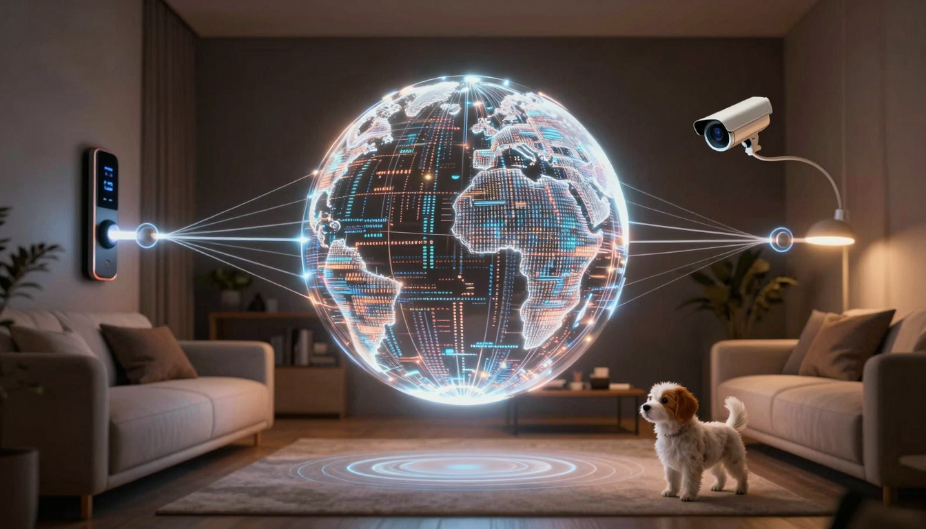 Логотипы Google Gemini и Google Home на фоне умных устройств Nest и камер безопасности