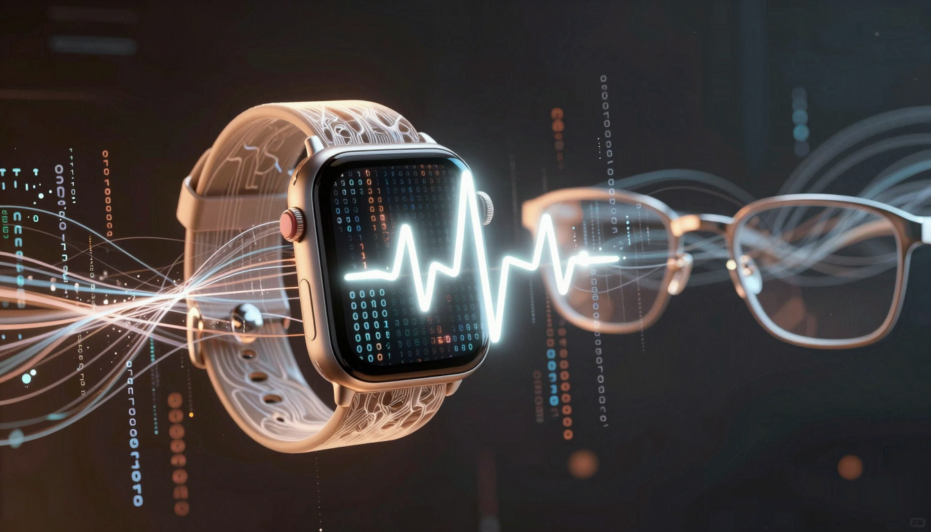 Коллаж из AI-гаджетов Samsung и логотипов техгигантов в контексте цифрового здравоохранения и мониторинга здоровья.