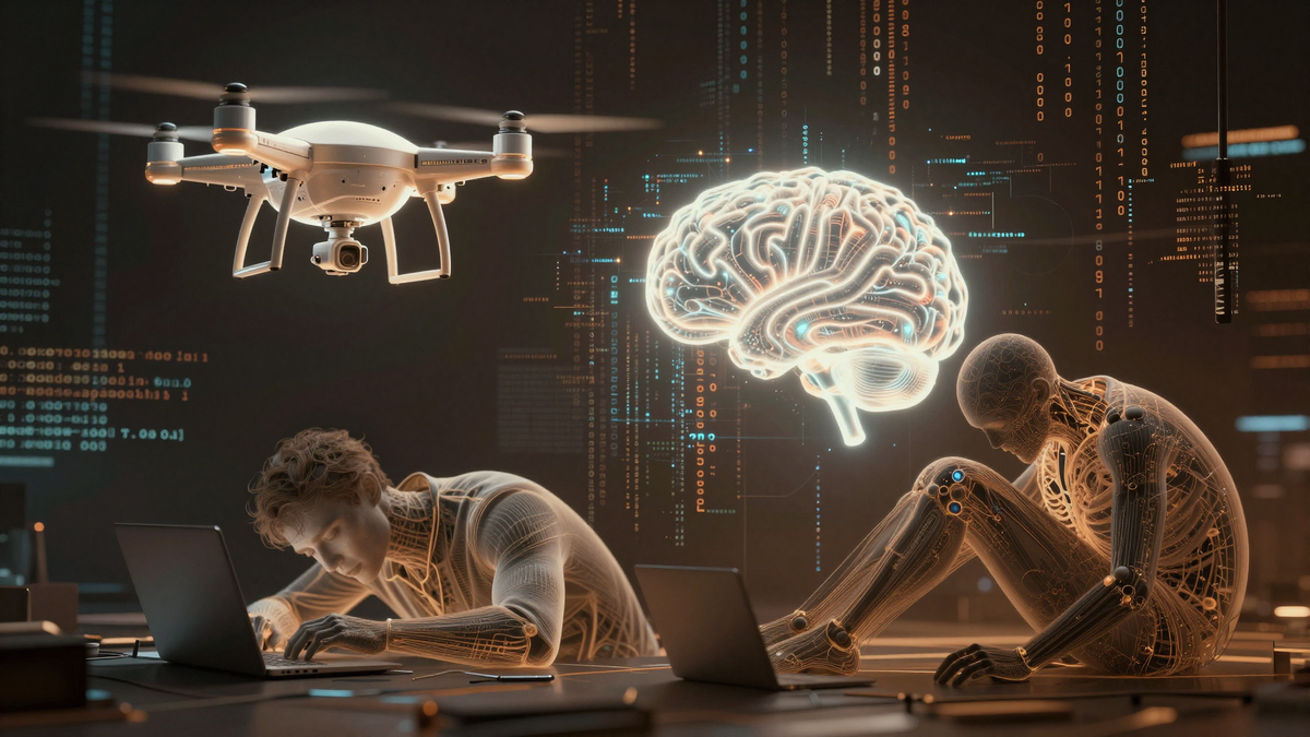 Коллаж: интерфейс Google Gemini, дрон DJI и уставший разработчик ИИ за монитором