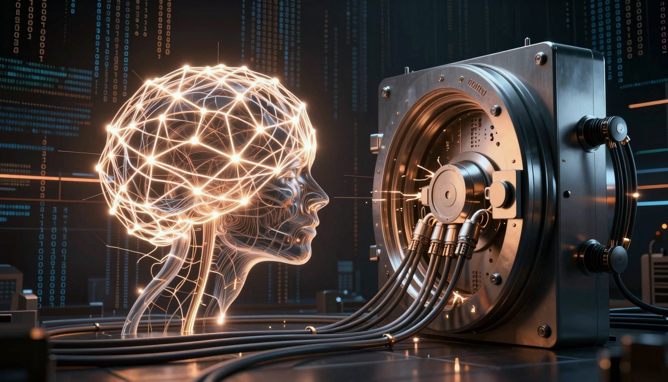 Визуализация AI-инфраструктуры: дата-центры, нейросети Meta и современные роботы.