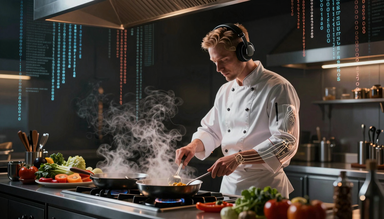 AI-помощник StudioChef KAI для поваров: управление голосом и наушники с костной проводимостью в интерьере кухни
