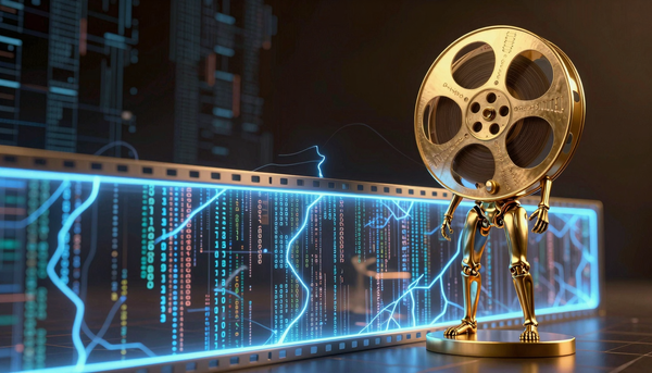 Логотип Киноакадемии (AMPAS) и иконка искусственного интеллекта (AI) как символ изменений в киноиндустрии, новые правила, защита человеческого труда.