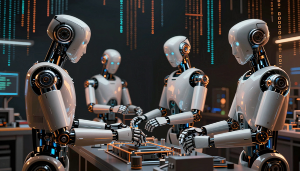 Человекоподобные роботы Figure AI и Schaeffler на складе, выполняют физический труд, погрузочные работы. AI-системы, робототехника, автоматизация.