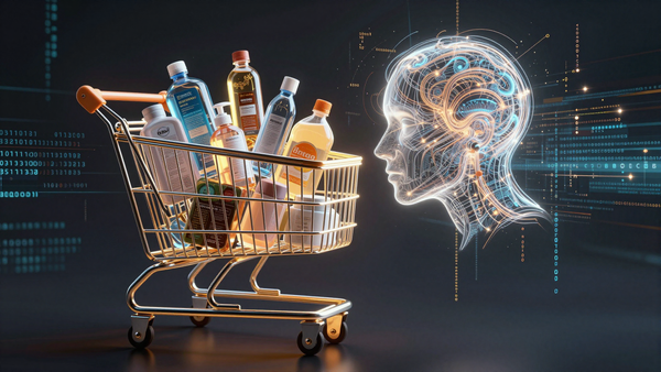 Логотип Google Gemini AI над иконкой корзины, символизирующей Universal Cart, с элементами интерфейса онлайн-покупок.