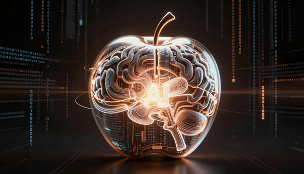 Сравнение Apple Intelligence и Google Gemini. Логотипы Apple и Google, иконки умных помощников. Стратегия ИИ, приватность данных, Siri, Gemini.