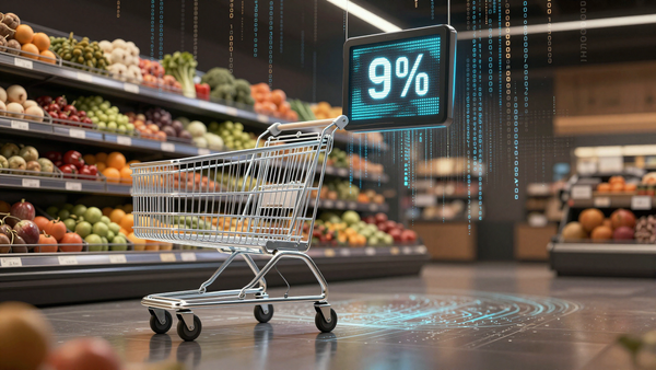 Умная тележка Caper Carts с ИИ в супермаркете Weis Markets, оснащенная камерами и сенсорным экраном для распознавания товаров и ускорения покупок.