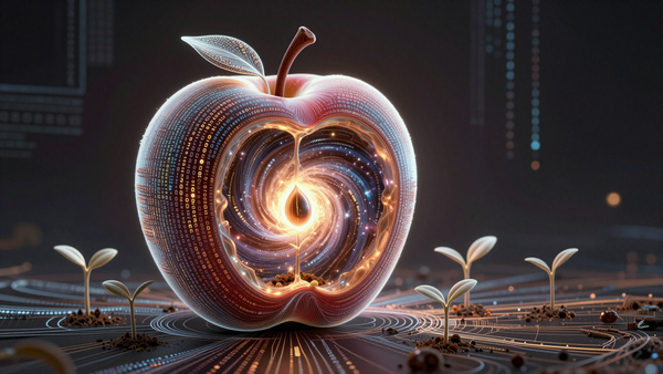 Логотип Apple рядом с иконками облачных вычислений и нейросети. Инициатива Apple для разработчиков по бесплатному доступу к AI API.