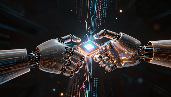 Логотипы Apple и OpenAI на фоне концепта AI-устройства и микросхем
